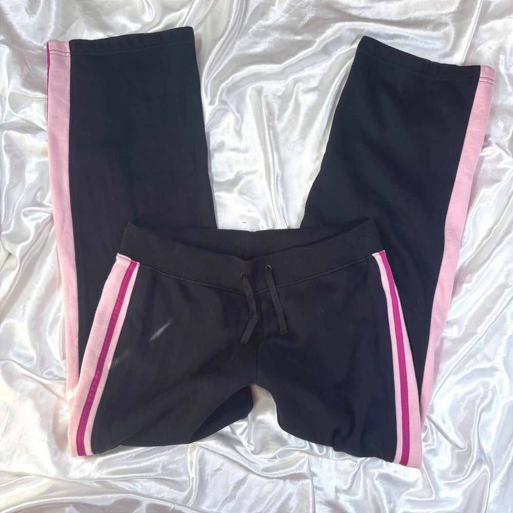 y2k Track Pants Black Good SB Active Pink Side Stripe Drawstring Fleece MT